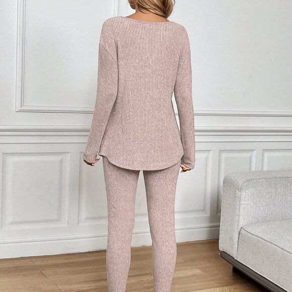 Dusty Pink Casual Women's Thermal Pajama T-Shirt & Leggings Set - Picture 2 of 6